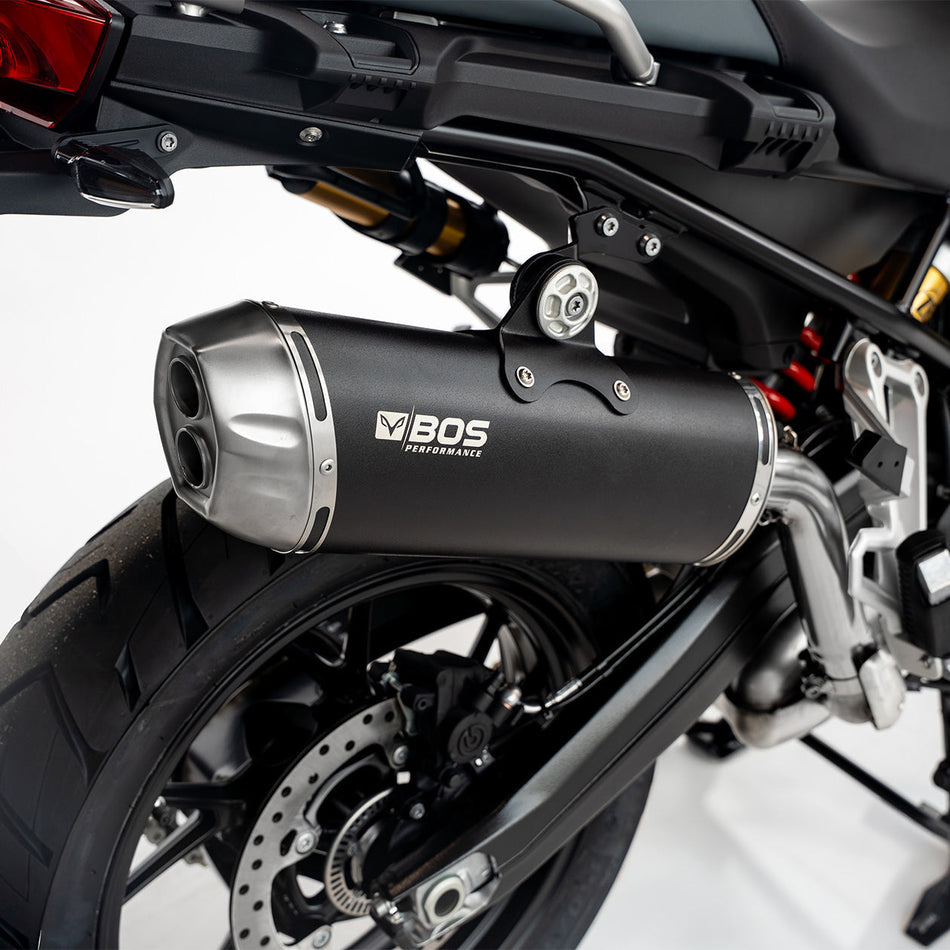 BOS DuneFox BlackCoated exhaust for BMW F 750 GS – rear view (illustration)