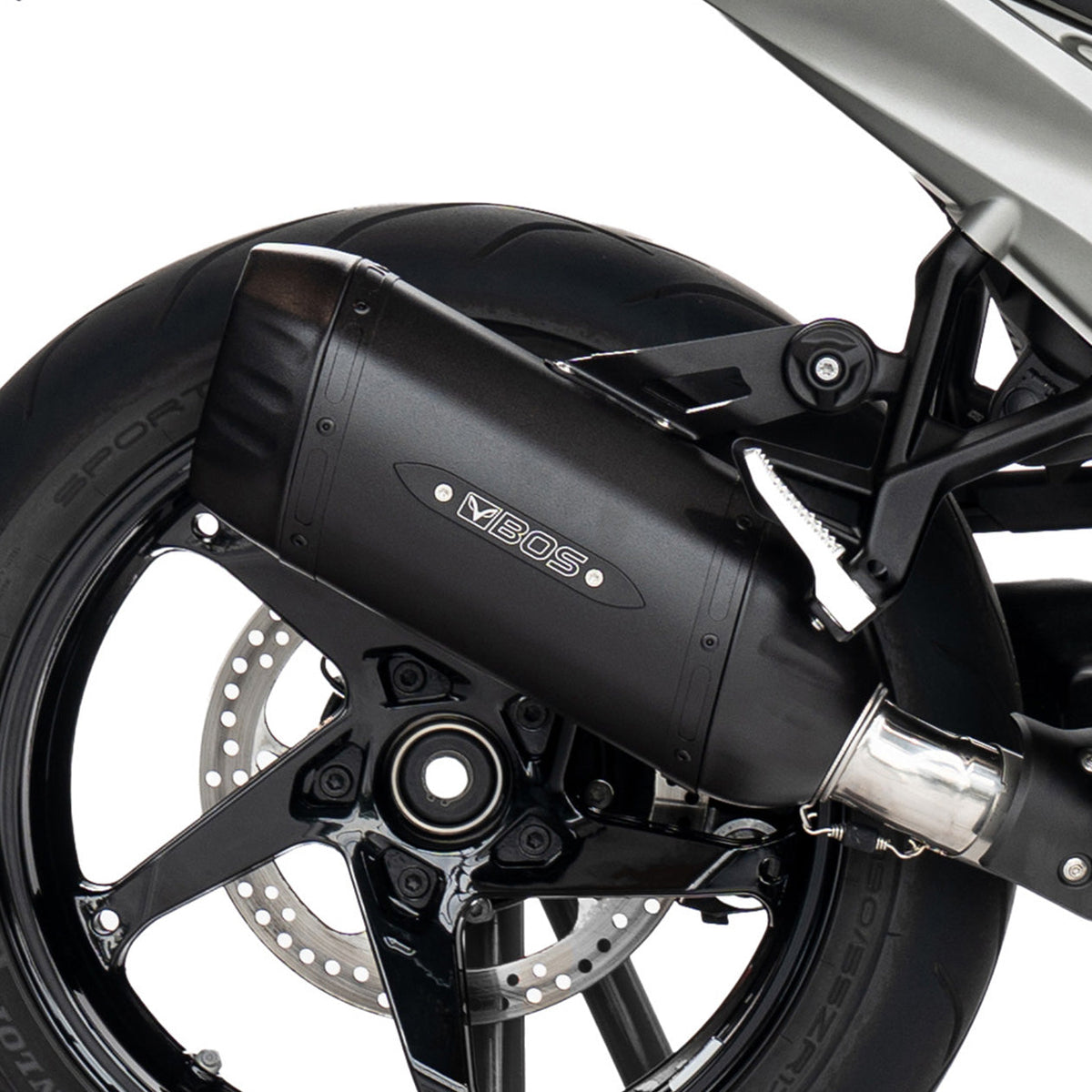 Escape BOS DesertFox Double D BlackCoated para BMW R 1300 RS – detalle del logo BOS